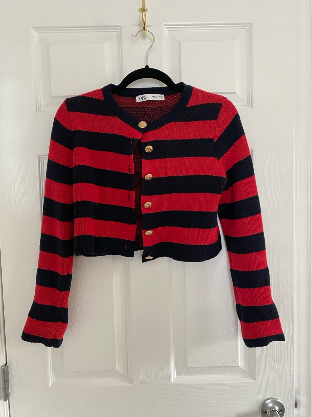 Zara Red and Navy Knit Cardigan with Gold Buttons